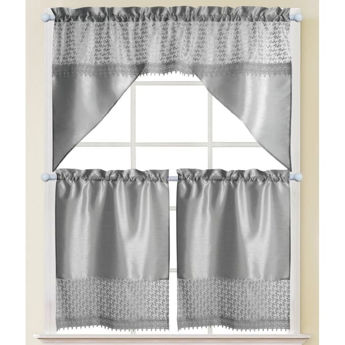 Macrame Subtle Embroidered Kitchen Curtains - Lia - Silver