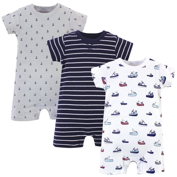 slide 1 of 1, Touched by Nature Baby Boy Organic Cotton Rompers 3pk, Fishing Boats 0 - 3 Months - Blue