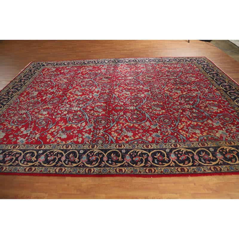Hand Knotted Oriental 100% Wool Carpet Traditional All-Over Red Kerman Area Rug - 12' 2'' X 9' 2''