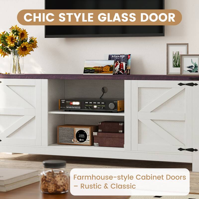 EROMMY Solid Wood TV Stand, Modern Entertainment Center with Glass Doors & Adjustable Shelves.