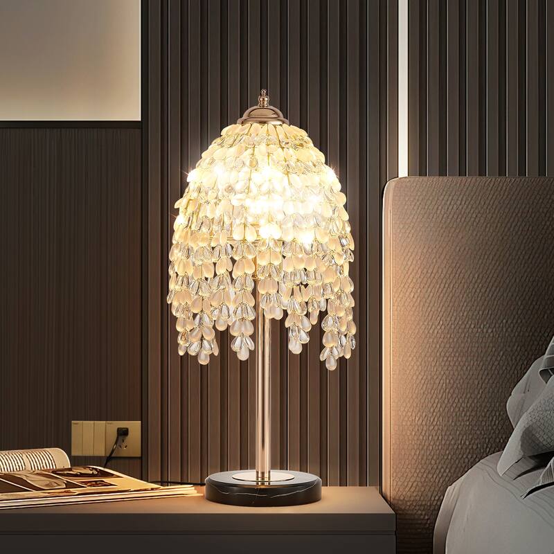 19"(H) Elegant Crystal Table Lamp - Vintage Waterfall Design with Teardrop Grape Crystal Bead String Shades