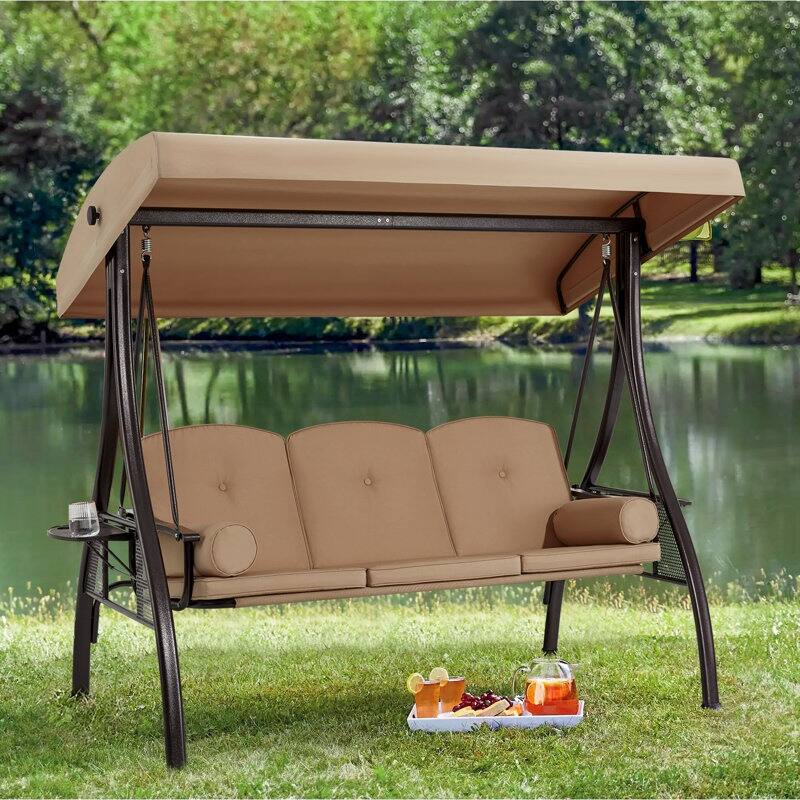 Outdoor 3-Seat Porch Swing with Adjustable Canopy & Cup Holder,Porch Swing Glider Chair, Heavy-Duty Steel Frame