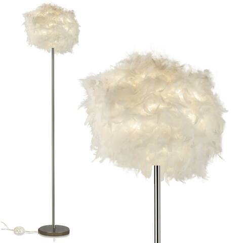 Modern Floor Lamp with White Feather Shade Chrome Metal Finish - L:15 in. x W:15 in. x H:69 in.