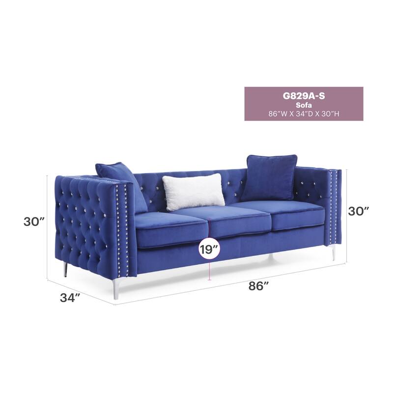 Blue Velvet Sofa with Tufted Design and Chromed Steel Legs