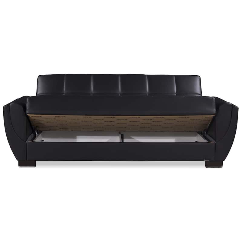 HomeRoots 93" Black Faux Leather Convertible Futon Sleeper Sofa And Toss Pillows With Storage