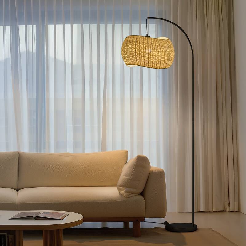Brightech Wave Pendant 78" Classic Matte Black Mid-Century 9W 800Lm 3000K LED Modern Arc Floor Lamp With Beige Rattan Drum Shade