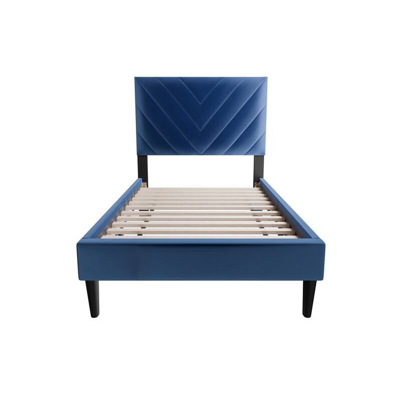 Adjustable Velvet Twin Bed with V-Stitch Headboard & 12-Slat Support