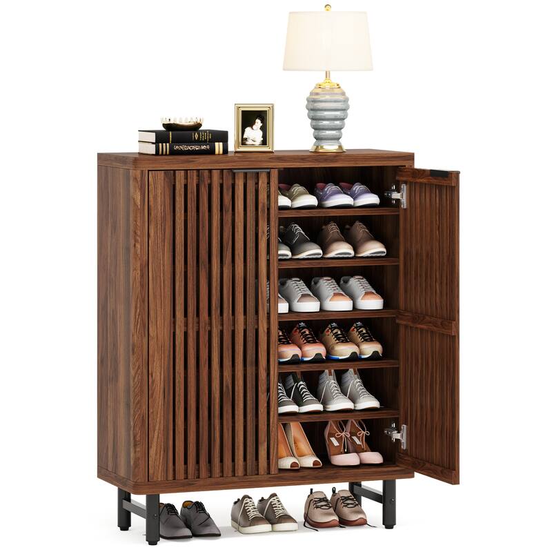 Wooden Shoe Cabinet with Shutter Doors, Adjustable Shelves Large Hidden Storage Organizer Rack for Entryway Hallway