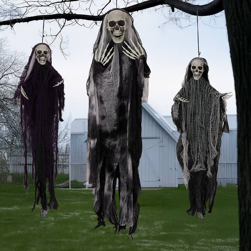 3-Pack Hanging Grim Reaper Decorations with Scary Skull Heads and Tattered Robes for Halloween