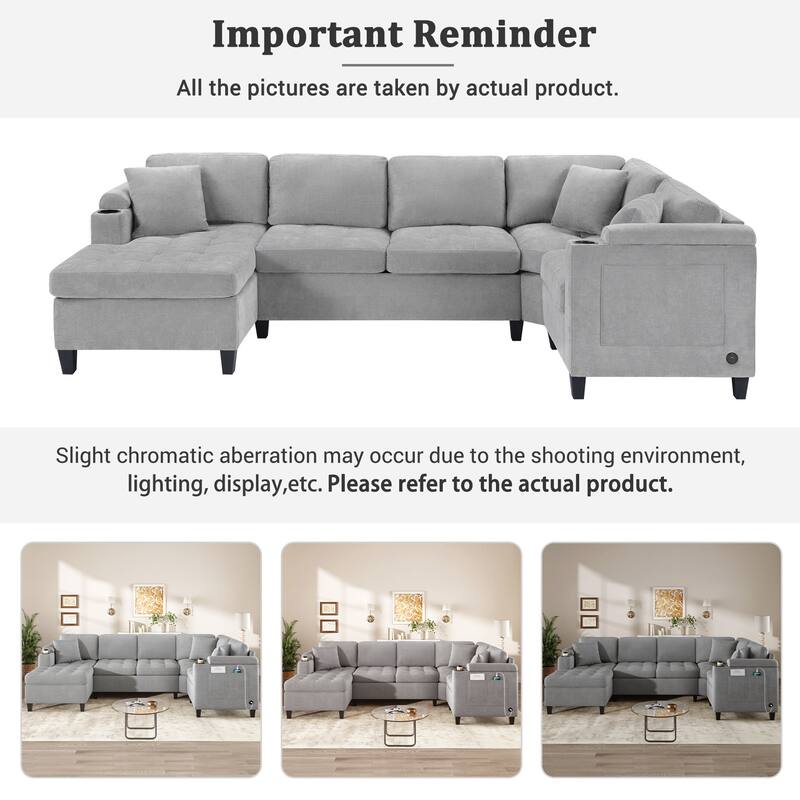 Oversized Corner Sectional, Modern U-Shaped Sectional Sofa with Built-in Storage Boxes and Dual Cup Holders, USB Ports, Pockets