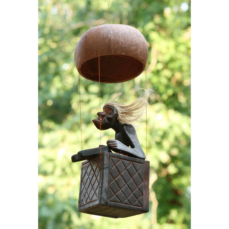 Handmade Wooden Primitive Tribal Funny Statue Riding Hot Air Balloon Sculpture Tiki Bar Handcrafted Unique Gift Decor Accent