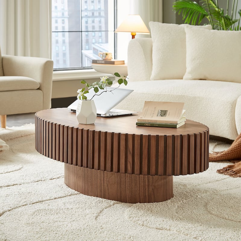 Handcraft Coffee Table Dining Table with Wood Relief, Oval End Table Accent Table with Sturdy Pedestal