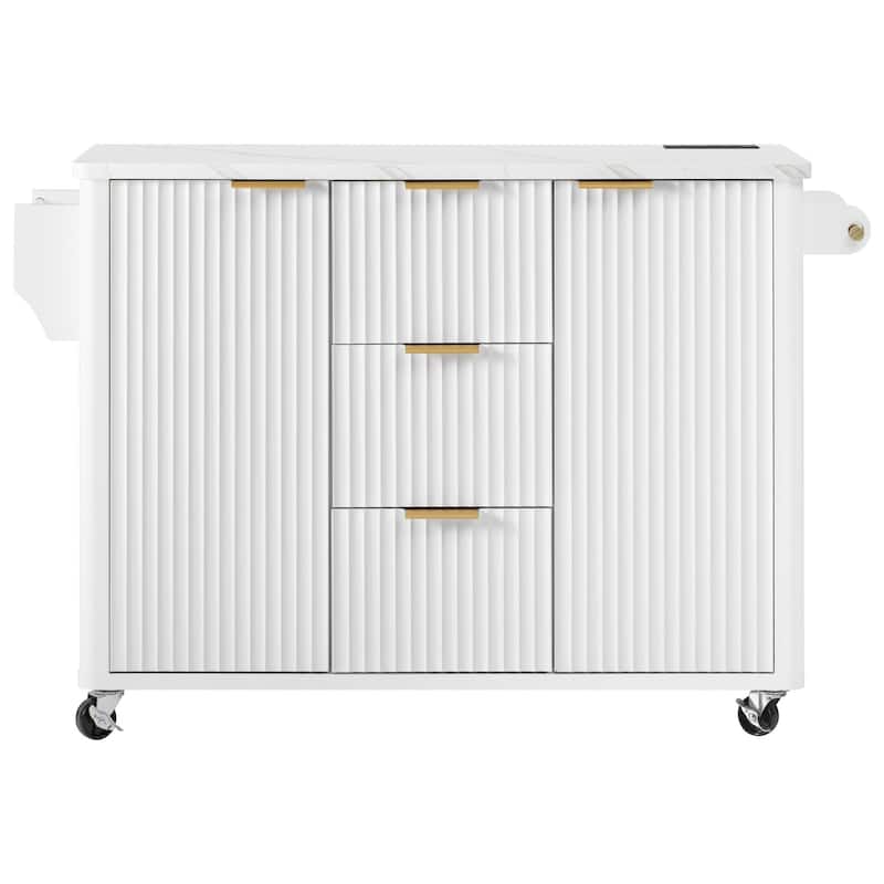 55.5" Fluted Kitchen Island with Drop Leaf and Storage Features Power Outlet and Adjustable Shelves