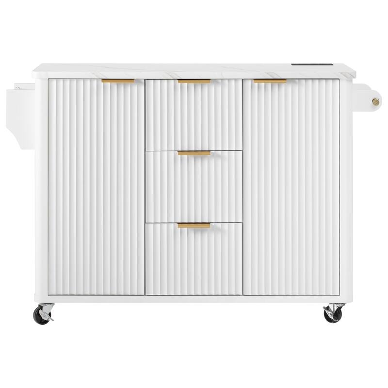 55.5" Storage Power Outlet Kitchen Island with Drop Leaf and 3 Drawers