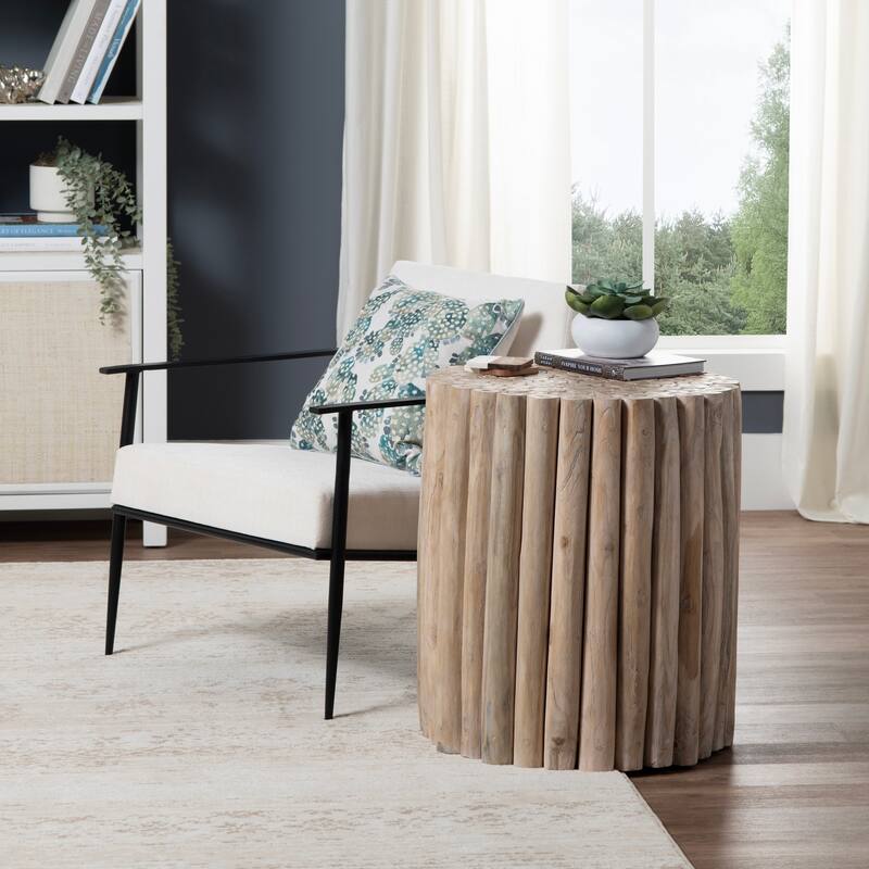 Round Teak Wood Natural Grain Accent Table