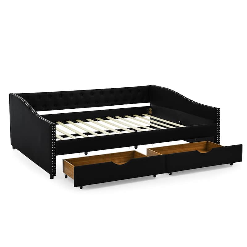 Queen Size Upholstered Tufted Daybed with Drawers and Copper Nail