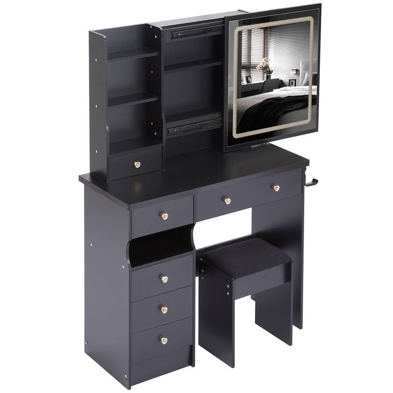 37" Middle Size Left Drawer Desktop Vanity Table + Cushioned Stool Dresser Set, Large Touch Control LED Sliding Mirror