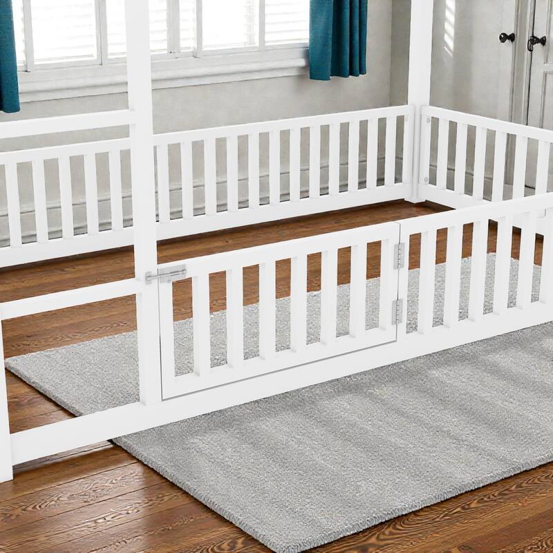 Metal Twin over Twin House Bunk Bed with Fence Guardrails and Door, Kids Playhouse Bunk Bed Frame, No Box Spring Needed