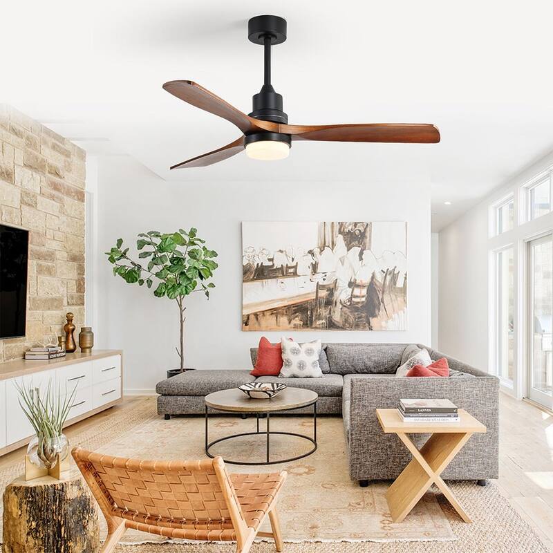 52 "W Farmhouse 6-Speed Adjustable Solid Wood Ceiling Fan Light with Remote Control - Black