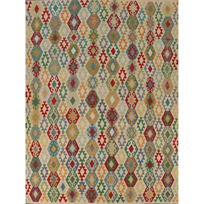 Geometric Beige Kilim Oriental Area Rug Flatweave Wool Carpet - 8'5" x 10'3"