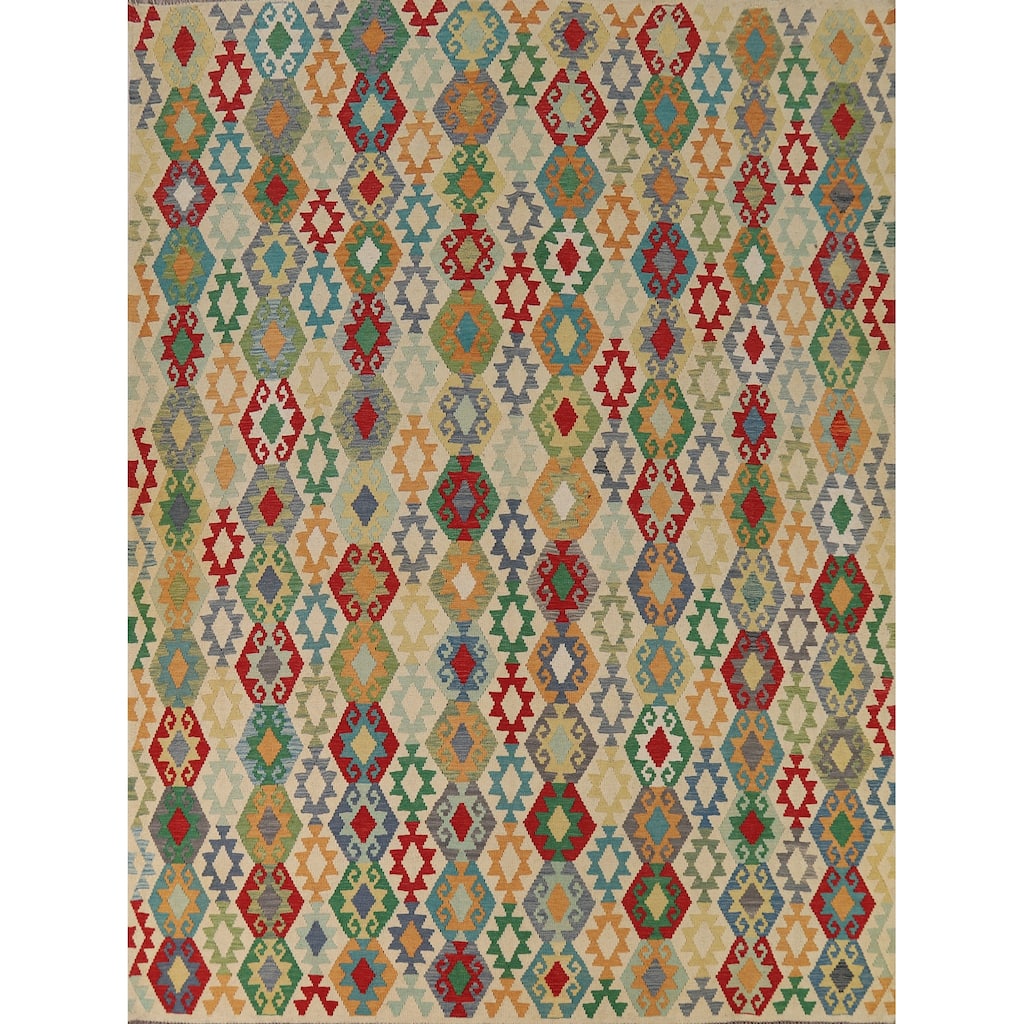 Geometric Beige Kilim Oriental Area Rug Flatweave Wool Carpet - 8'5" x 10'3"
