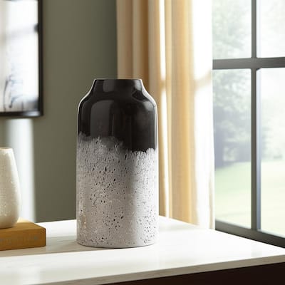 10" Black And Gray Abstract Glass Cylinder Table Vase - 5.20