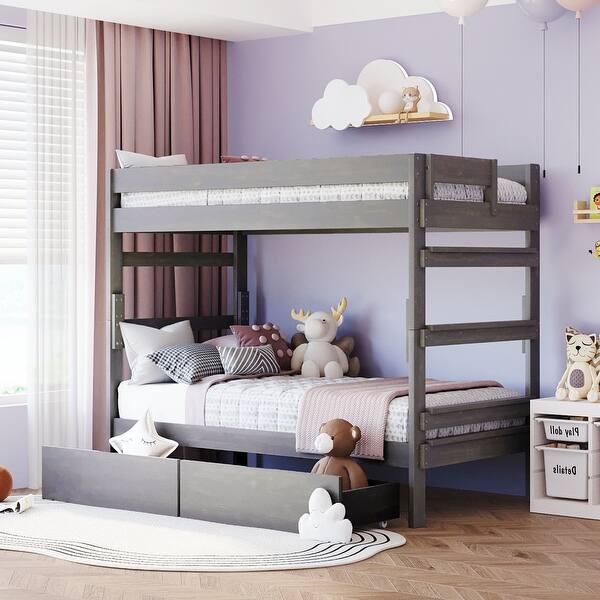 slide 2 of 18, Twin over Twin Solid Wooden Frame Bunk Bed with 2 Drawers and Full-length Guardrail, Can Separated into Two Twin-size Beds Grey