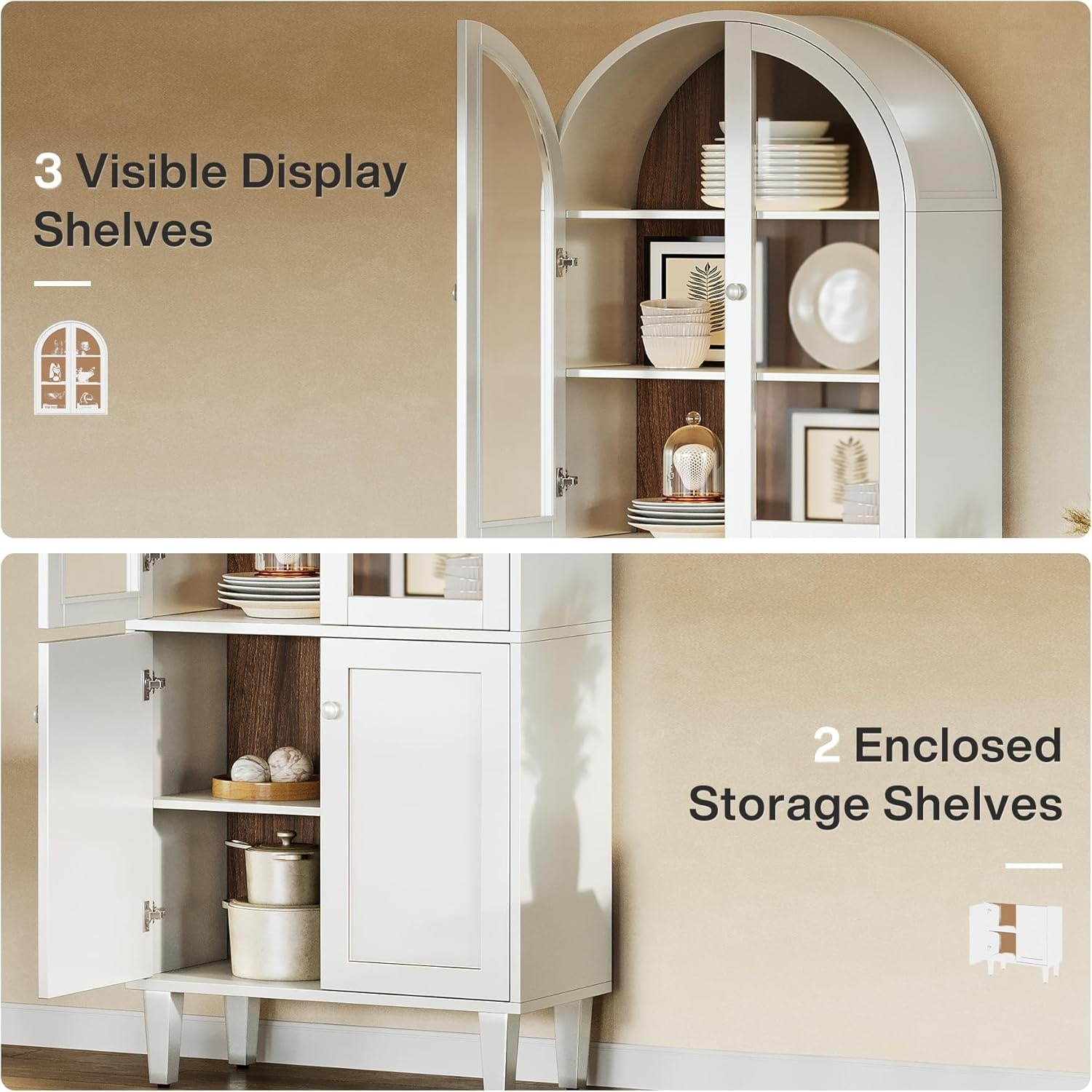 5-Tier White Wood Farmhouse Arch Storage Cabinet, 68 Inches Bookcase with Doors & Adjustable Shelves