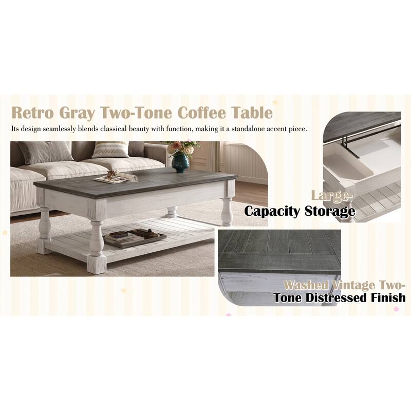 Roomfitters 41" Farmhouse Lift Top Coffee Table, Wood Center Table with 3 Storage Trays and Lower Shelf
