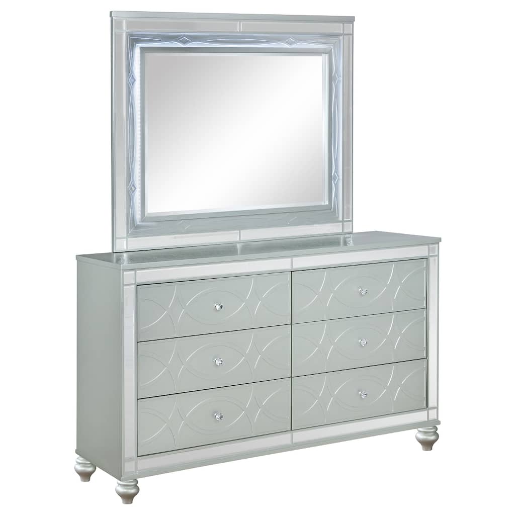 Gina Wide Dresser with Mirror, 6 Drawers, Silver Metallic Wood Frame