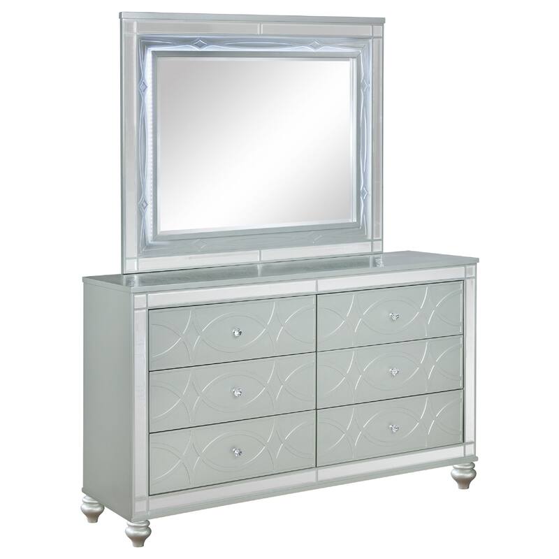Gina Wide Dresser with Mirror, 6 Drawers, Silver Metallic Wood Frame