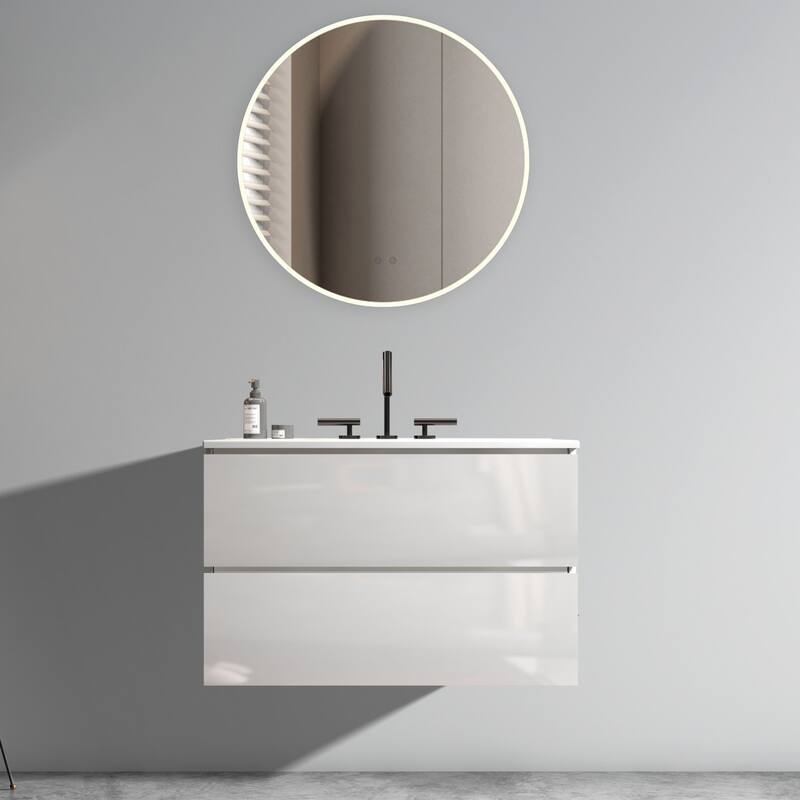 GDFStudio - Coralie Modern Floating Bathroom Vanity with Integrated Ceramic Sink and Soft-Close Storage - glossy white - 30" (three faucet holes)