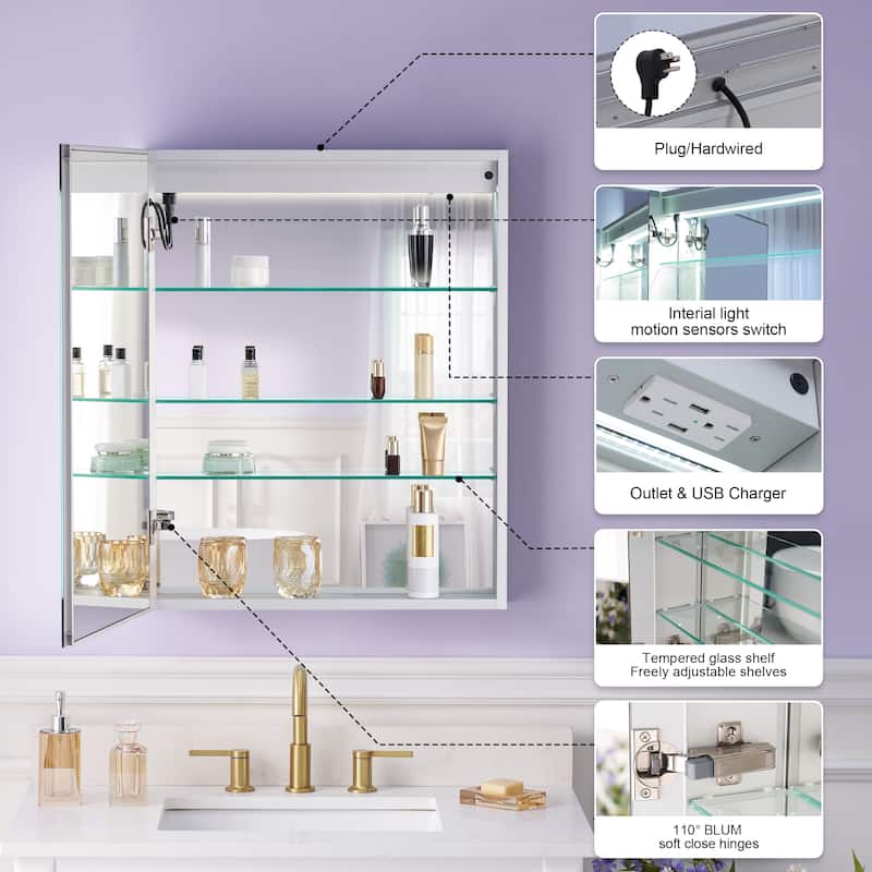 Recessed or Surface 30" H LED Mirror Cabinet with Adjustable Glass Shelves,Defogger, Dimmer And Outlets & USB Ports