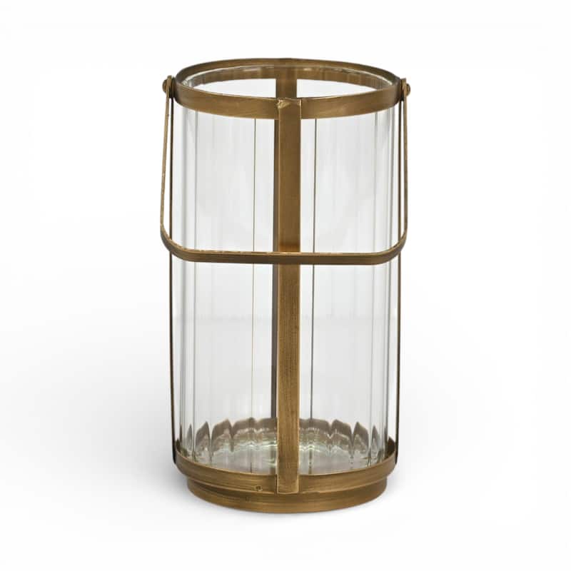 Vortial Fluted Glass Candle Lantern with Gold Metal Frame