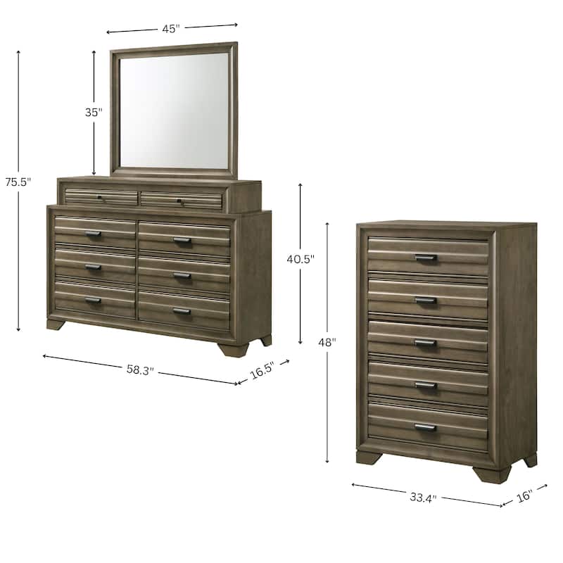 Roundhill Furniture Loiret Rubbed Gray Oak Finish Wood Storage Platform WallBed with Dresser, Mirror, Chest