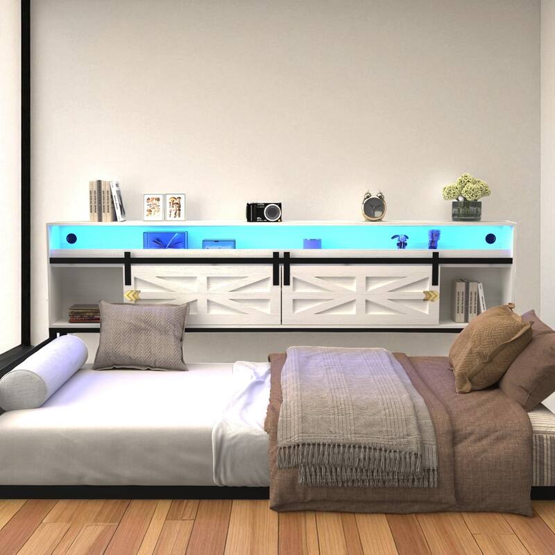 Twin Daybed with Trundle, Farmhouse Barn Door Headboard, Storage Shelf, Charging Station & LED Lights