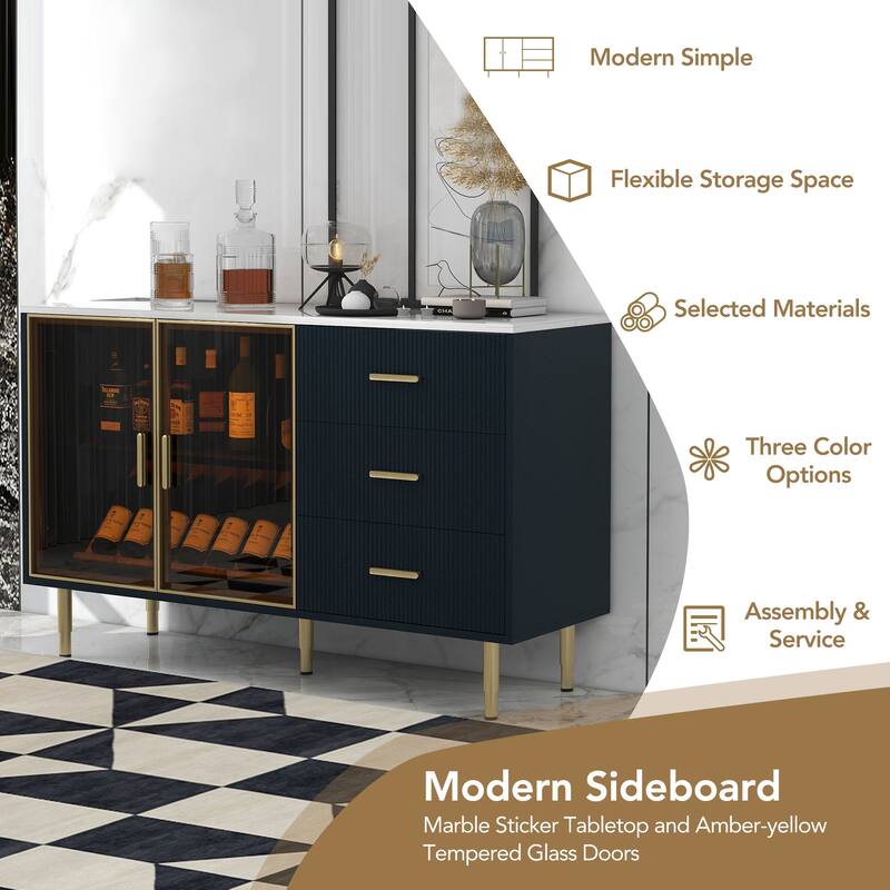 Luxury Storage Cabinet with Marble Finish, Gold Legs & Tempered Glass Doors for Modern Living Spaces
