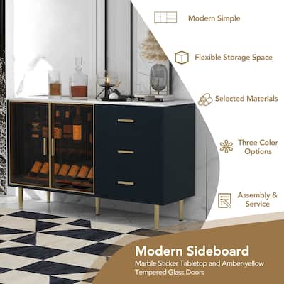 Navy Blue Sideboard Wine Storage Cabinet - 3 Drawers Console Table