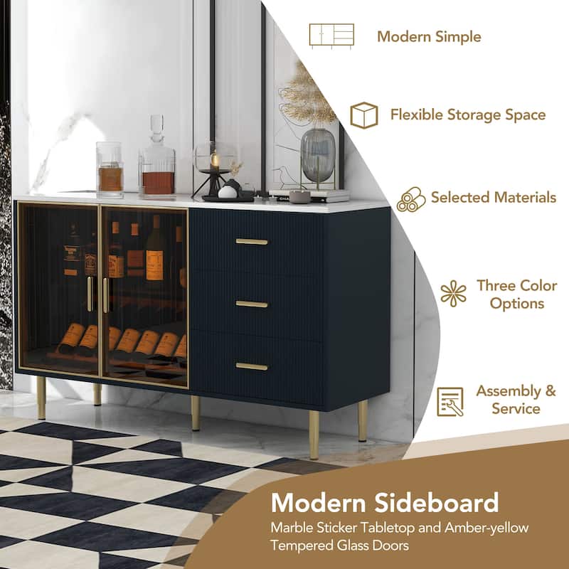 Sideboard MDF Buffet Cabinet Marble Sticker Tabletop and Amber-yellow Tempered Glass Doors with Gold Metal Legs & Handles
