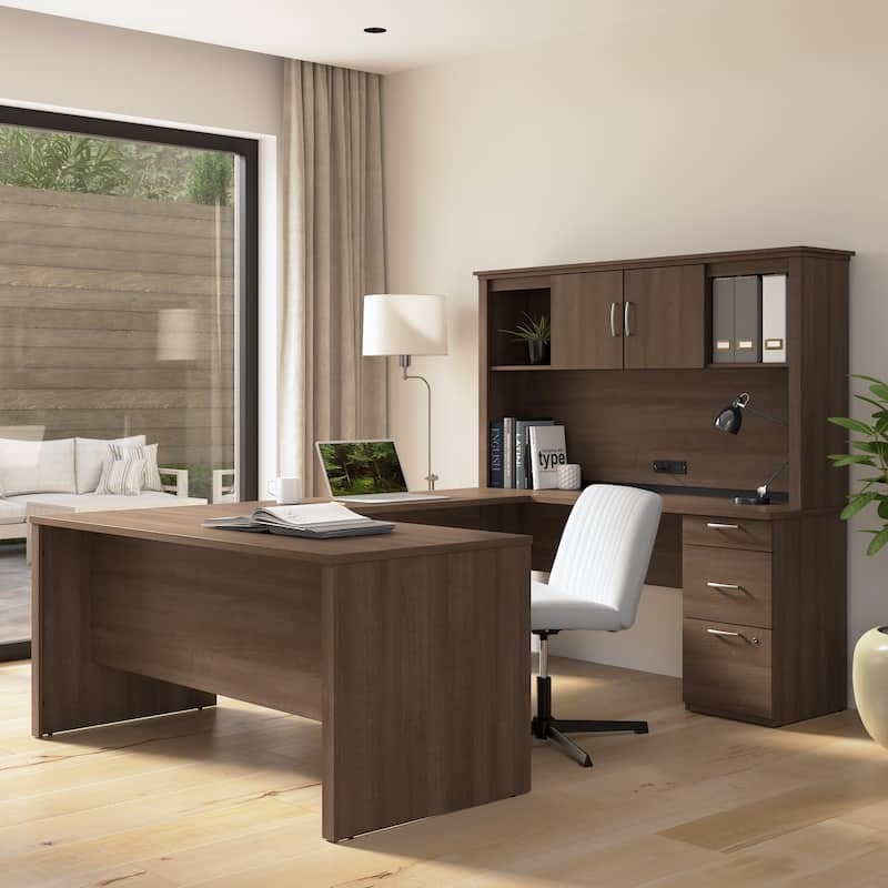 Bestar Logan 66-inch U or L Shaped Desk with Drawers and Hutch
