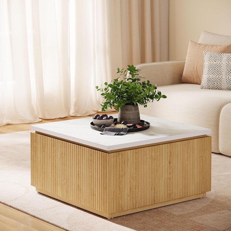 31.5" Square Coffee Table, Modern Faux Marble Top with Wood Accents