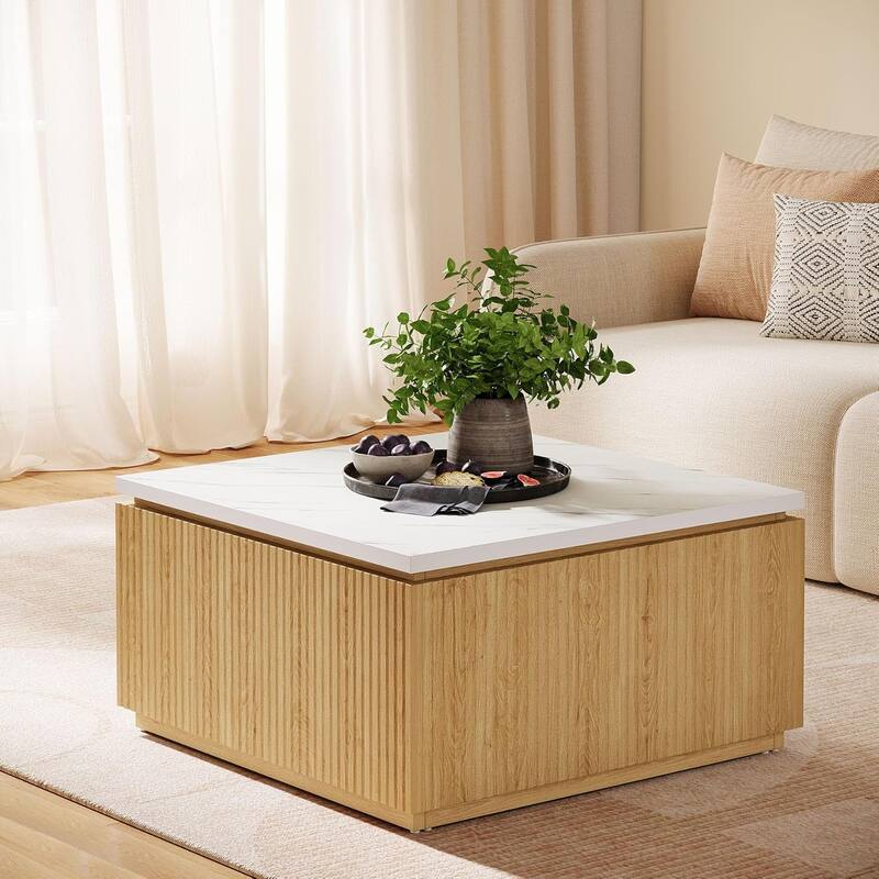 31.5" Square Modern Coffee Table Center Cocktail Table with Marble Top - 31.5" W x 31.5" D x 17.7" H - Brown & White