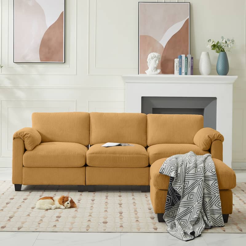 Corduroy Sectional Sofa with a Removable Ottoman, L-shaped Reversible 4-seat Modular Couch
