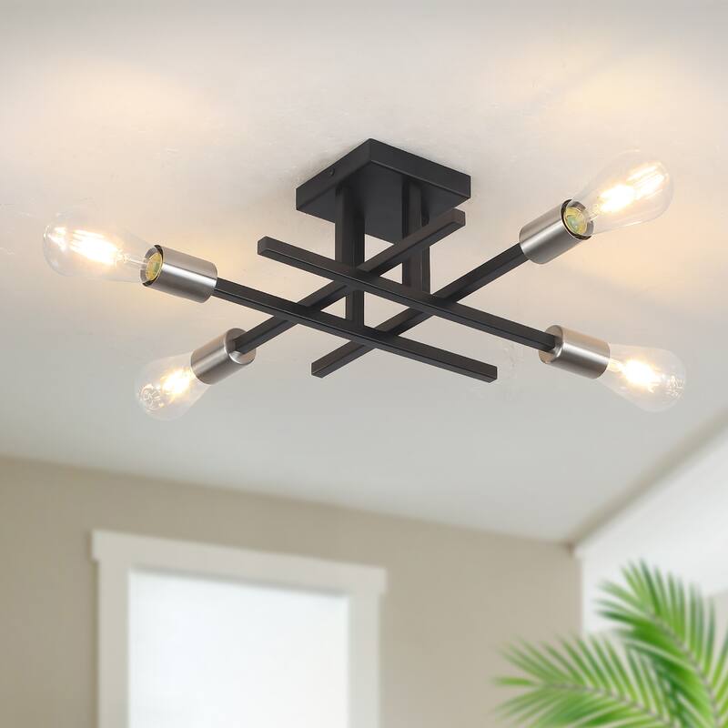 4-Light Modern Semi-Flush Mount Light for Kitchen Bedroom Living Room - Black+Nickel