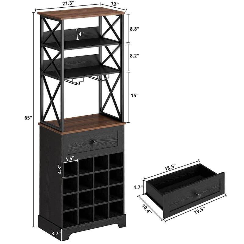 Metal MDF Wine Rack Cabinet with Drawer and Shelves - 65'' H X 13'' D x 21.3" W