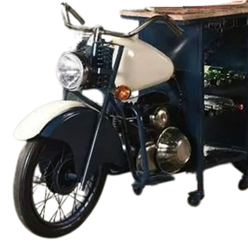 HomeRoots Blue and White Metal And Solid Wood Rolling Bar Cart With Wine Storage - 90.00 in. x 39.00 in. x 18.00 in.