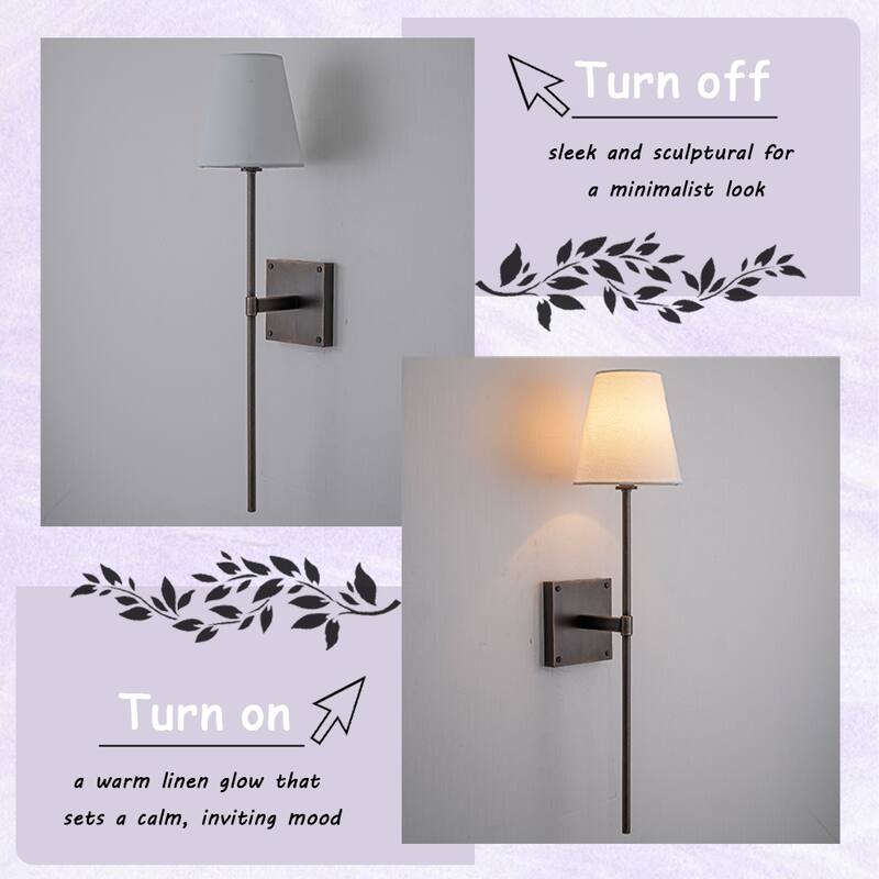 25" Tall Transitional Wall Sconce in Bronze with White Linen Shade Farmhouse Fabric Wall Light for Bedside Hallway Bathroom