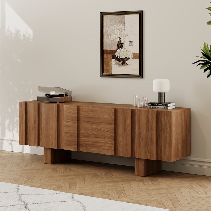 71" Mid Century Wood TV Stands, Brown Media Console with 3 Drawers and 2 Cabinets - Dark Brown