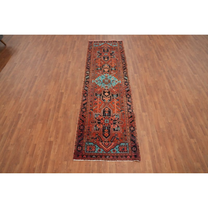 Hand Knotted Oriental 100% Wool Carpet Traditional Geometric Oranges & Rust Heriz Runner Rug - 10' 7'' X 3' 1''