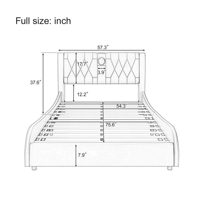 Roomfitters Full/Queen/King Size Platform Bed, Faux Leather Frame, Thick Headboard, Bluetooth Audio, No Box Spring Needed